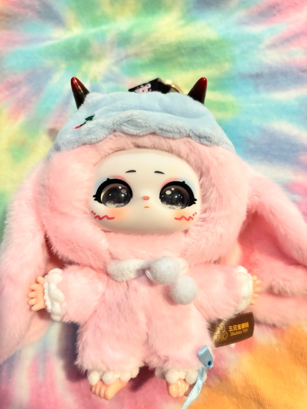 Plush Bunny Doll Keychain - Pastel Pink with Blue Hat